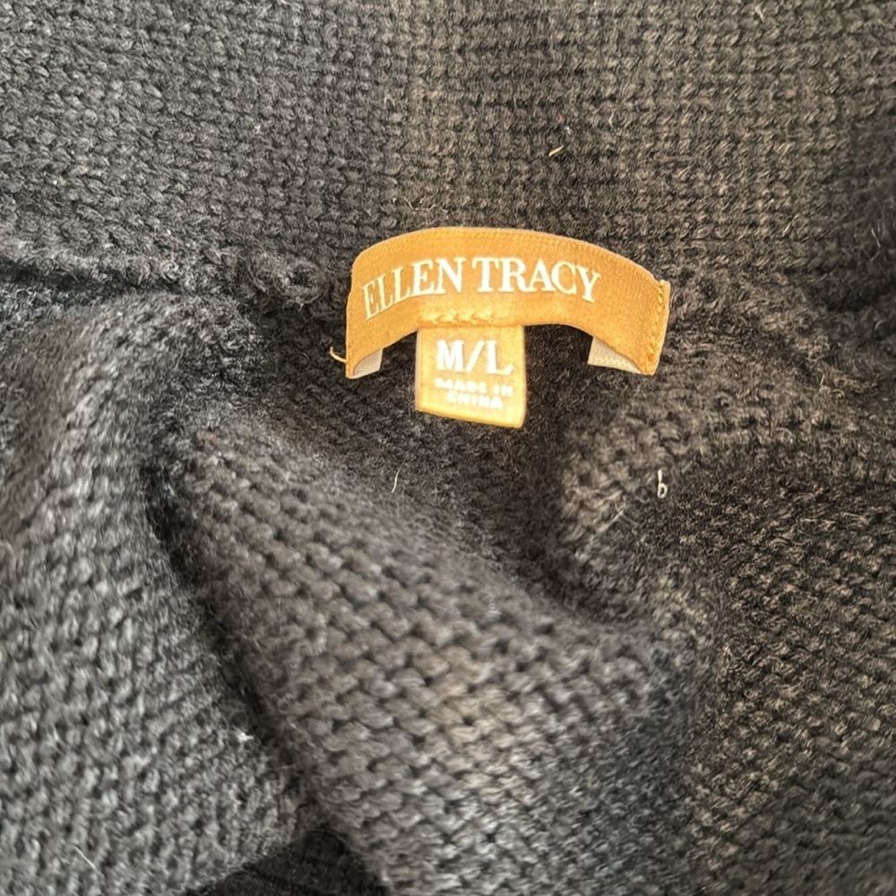 Ellen Tracy Black Knit Cardigan w/ Leather Sleeves and small “belt” closure M/L - Picture 5 of 6